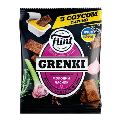 СУХАРИКИ ФЛИНТ GRENKI МОЛОДОЙ ЧЕСНОК 100ГР