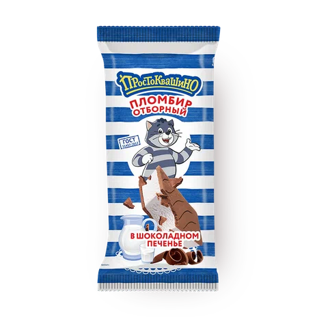 МОРОЖЕНОЕ "ПРОСТОКВАШИНО" СЭНДВИЧ ПЛОМБИР  ШОК.ПЕЧЕНЬЕ 70ГР