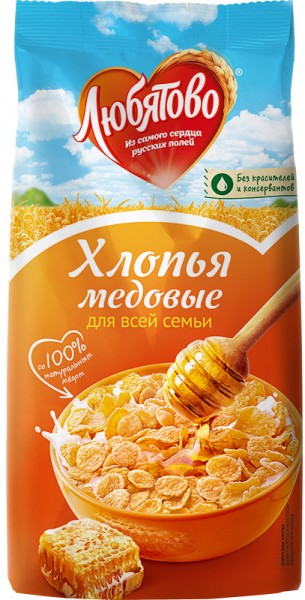 ХЛОПЬЯ КУКУРУЗНЫЕ "ЛЮБЯТОВО" 250ГР МЕДОВЫЕ