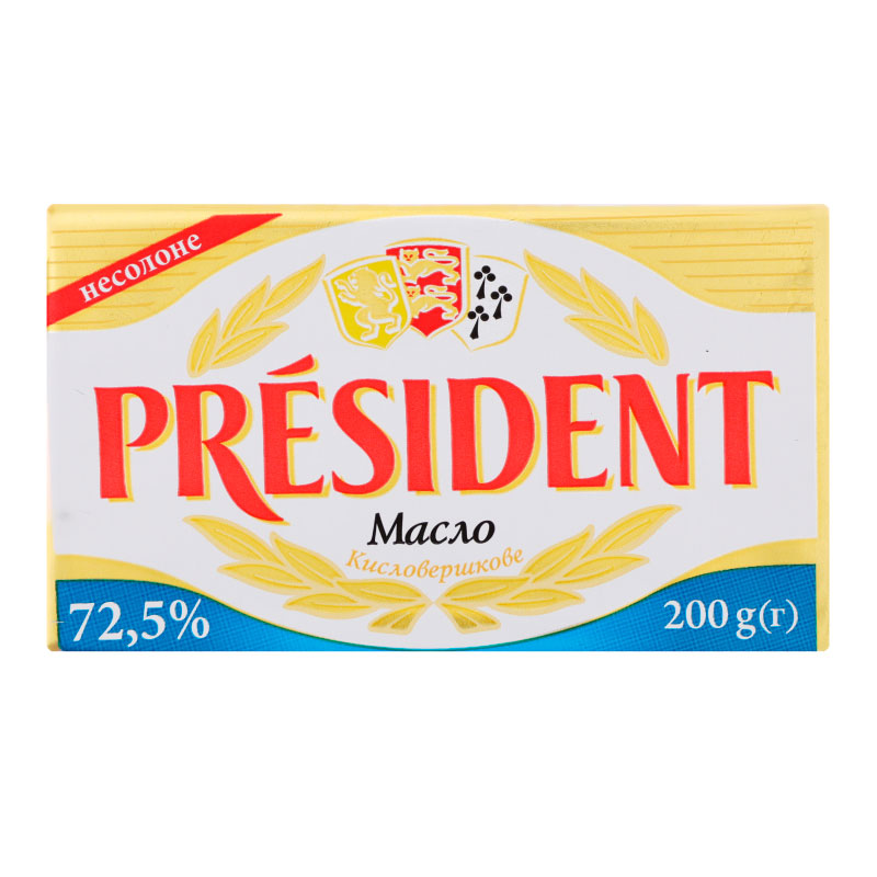 МАСЛО ПРЕЗИДЕНТ СЛИВОЧНОЕ 180ГР 72,5% НЕСОЛЕНОЕ В/С