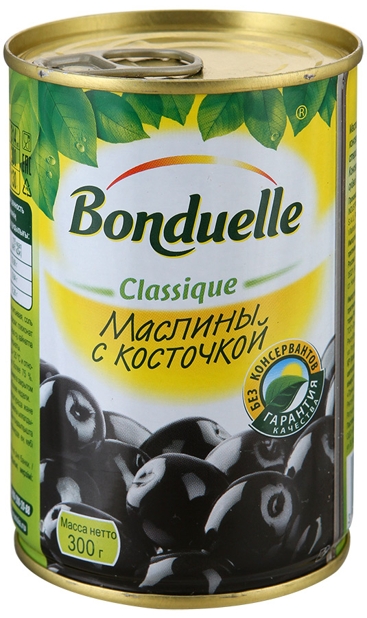 МАСЛИНЫ ЧЕРНЫЕ С КОСТОЧКОЙ "BONDUELLE" 300ГР Ж/Б